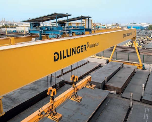 Demag’s 28m gantry crane at Dillinger Middle East, where up to 3,000t of steel are handled every month. Two other Demag portal cranes were already on-site.