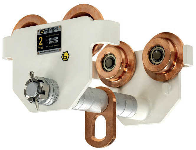 The Oz spark-resistant trolley features copperplated wheel and lifting bale.