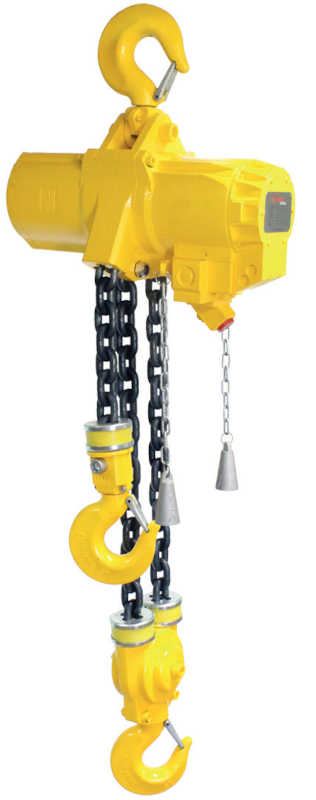 Tiger’s twin-hook air hoist, here a single-fall and a two-fall hook.