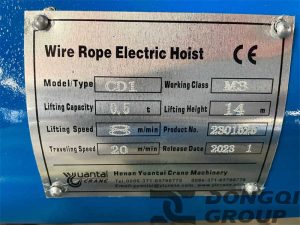0.5 ton 14m wire rope hoist nameplate