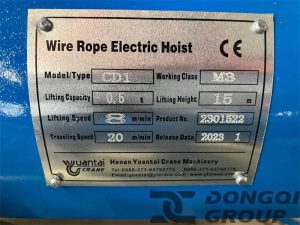 0.5 ton 15m wire rope hoist nameplate