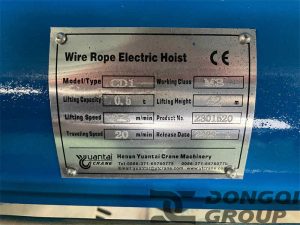 0.5 ton 42m wire rope hoist nameplate