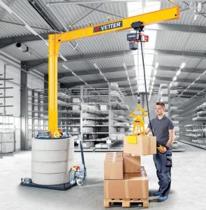 Vetter’s Mobilus crane can be moved around the factory floor.