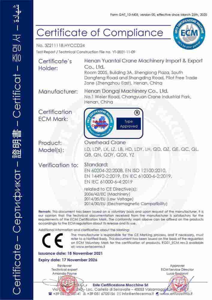 CE Certificate-overhead crane