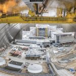 A view of PaR Systems’ Main Cranes System and TensileTruss, installed inside the top of the Chernobyl New Safe Confinement.