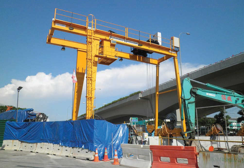A MegaCrane 30t gantry crane installed at Nishimatsu Construction plant to lift the mud from a 60m deep tunnel in Singapore