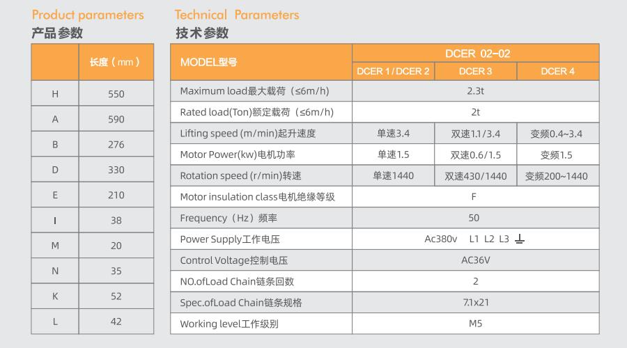 2 ton electric chain hoist product technical parameters