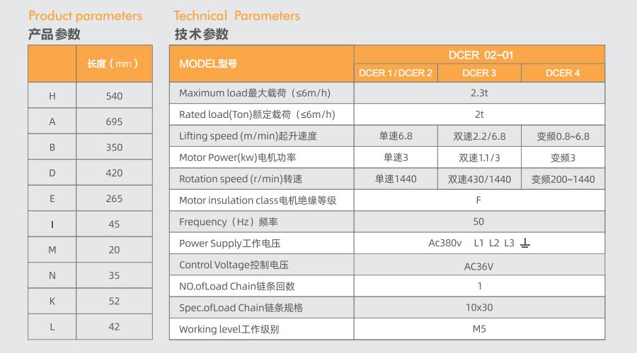 2 ton electric chain hoist product technical parameters
